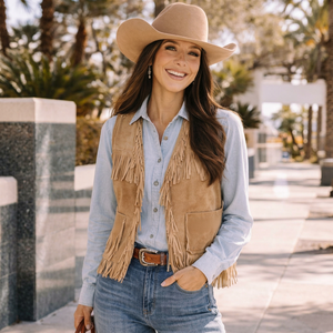 Chaleco de Cuero sin Mangas para Mujer con Cierre de Cremallera y Flecos, Cuello Redondo, Estilo Bohemio - Product Image 1