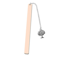 Marque-page en acier inoxydable plaqué or, forme rectangulaire fine, avec pendentif arbre gravé au laser, idéal pour les cadeaux de lecture
