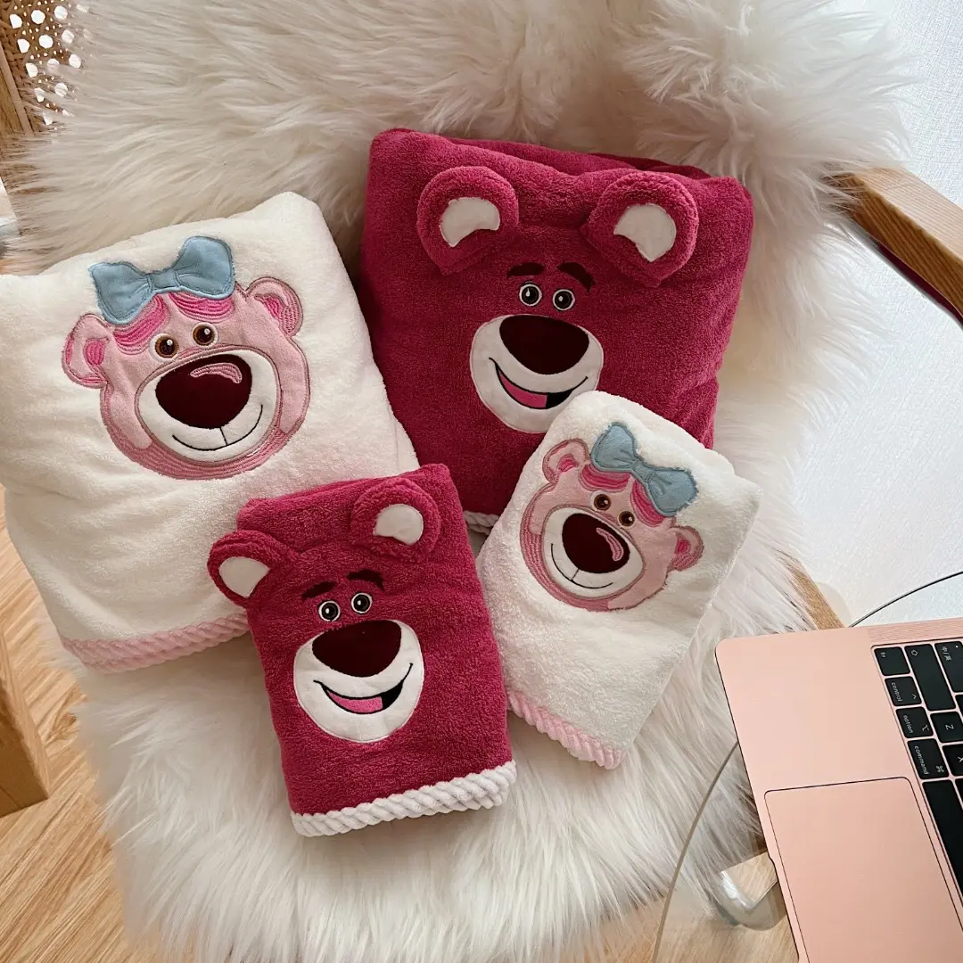 Hot Sale Luxury Super Soft Quickly Dry Towel Cartoon Strawberry Bear Coral Fleece Microfiber Bath Towel Set