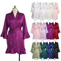 Robe de chambre kimono en satin de soie mat pour femme, couleur unie, avec volants, idéale pour mariée, demoiselle d'honneur ou tenue de matin douce pour les fêtes nuptiales