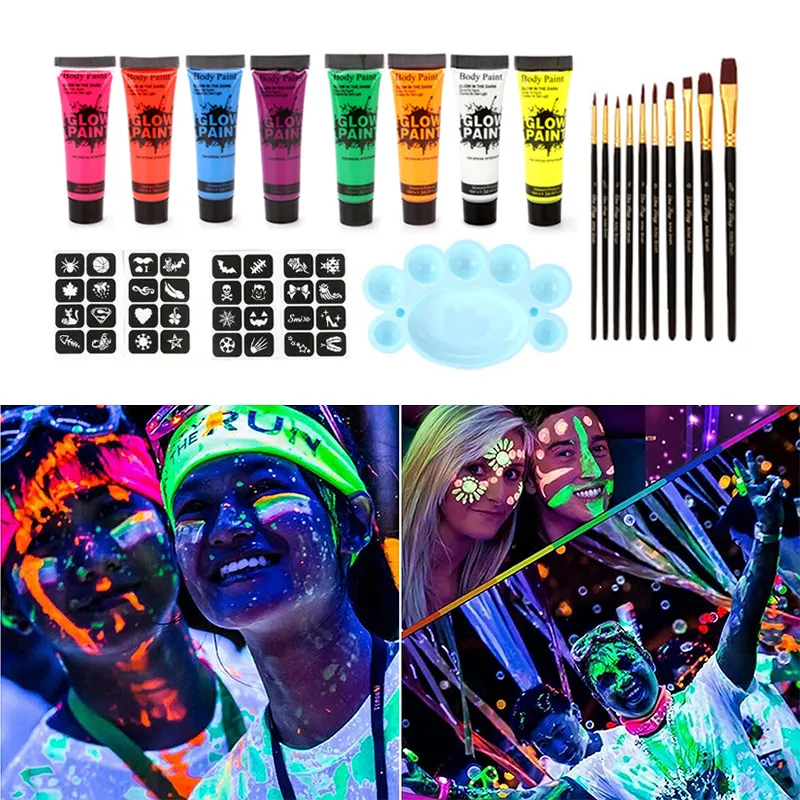 Maquillaje de Cosplay para niños, 8 colores fluorescentes, pintura de neón Uv para cara y cuerpo, para fiesta