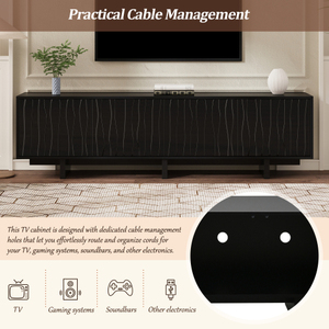 Meuble TV en bois grainé style Mid-Century avec porte ondulée pour téléviseurs 65+ pouces, console multimédia rustique avec espace de rangement, base robuste, meuble de salon - Product Image 4