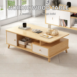 Table basse extensible de style nordique moderne avec panneau en bois massif et pieds simples pour salon et chambre à coucher - Product Image 2
