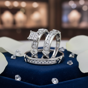 Bague Trio exclusive pour femme sertie d'un véritable diamant rond taille brillant en serti à griffes en or blanc 14 carats à la meilleure offre - Product Image 3
