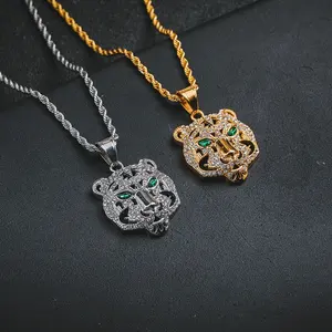 Craft Wolf Perhiasan Minimalis Kustom 18K, Kalung Liontin Macan Tutul Hewan Kristal Tenis Berlian Imitasi Berlapis Emas 18K