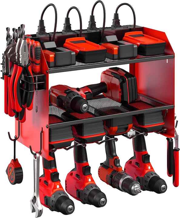 Nacial Heavy-Duty Power Tool Organizer Wall Mount - 8-Outlet Power Strip, 8 Drill Holder, 200lb Capacity