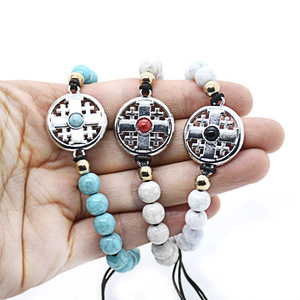 Pulseras de cuentas con cruz de plata tibetana, diseño geométrico azul, blanco y beige, joyería de regalo RB-241 - Product Image 1