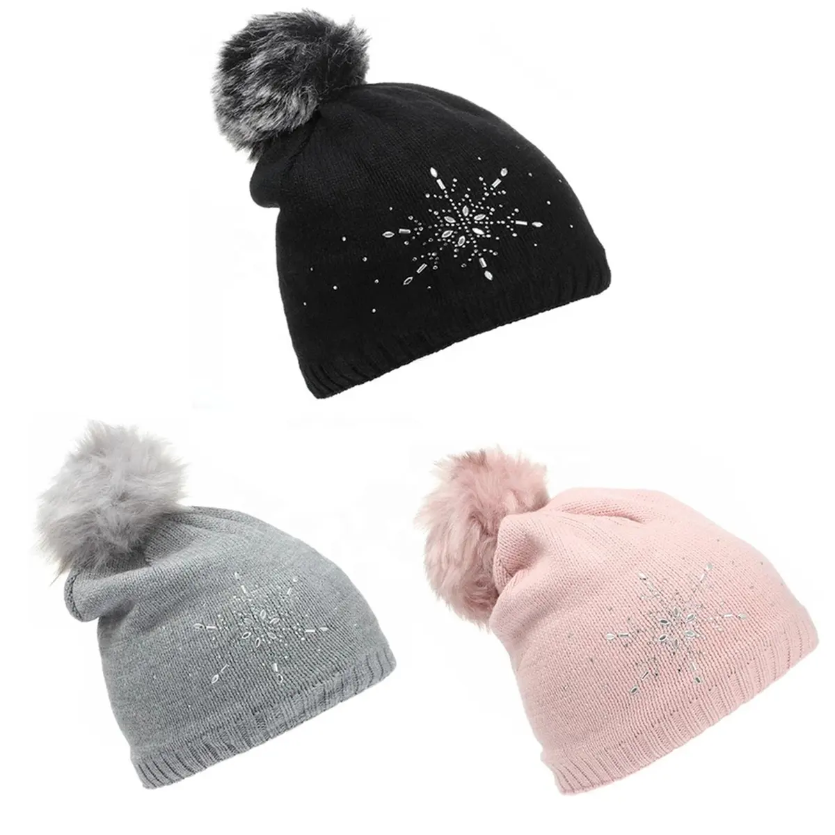Wholesale Custom Soft Rhinestone Solid Color Thickened Knit Beanie Cap Women Trendy Man Warm Winter Hats