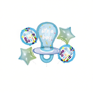 Set de 5 Globos de Aluminio con Diseño de Chupete y Gráficos Impresos para Decoración de Fiesta de Cumpleaños de Niño, Tema 'Es un Niño' - Product Image 1