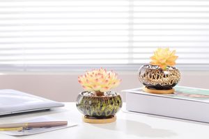 Graziosi <span class=keywords><strong>Vasi</strong></span> in Ceramica per Piante Grasse con Smalto Effetto Ghiaccio Crepato a Forma <span class=keywords><strong>di</strong></span> Tazza da Tè con Drenaggio e Sottovaso in Bambù - Product Image 6