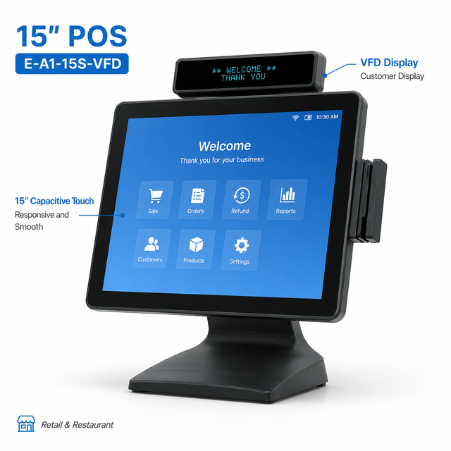 15 Inch POS Terminal with VFD Customer Display and Capacitive Touch Screen for Retail Restaurant Supermarket Cashier Counter Use