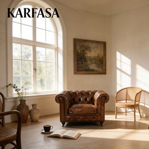 أريكة Karfasa التجارية للفنادق بتصميم تشسترفيلد الصناعي من جلد البقر الطبيعي الأصلي المعتق مع إطار من الخشب وحشوة من الإسفنج - Product Image 5