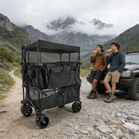 Chariot de camping pliable à deux étages avec grandes roues, porte-gobelets pour les courses, les sports, l'extérieur, poignée réglable, hayon avec toit