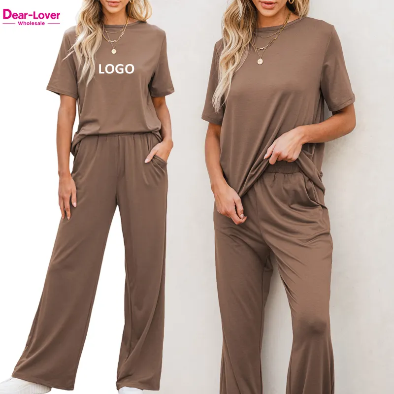 Dear-Lover Venta al por mayor Oem Odm Lounge Wear Color sólido Camiseta Pantalones de pierna ancha Conjunto de dos piezas Ropa de mujer