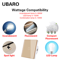 Interrupteur mural tactile UBARO 86 Type EU sans fil neutre, en verre trempé doré, AC100-240V 10A, interrupteur de lampe à capteur unipolaire