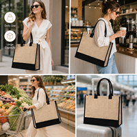 Sac fourre-tout en jute multi-usage noir avec patch, écologique, réutilisable, sac à bandoulière personnalisable avec lettres, taille ajustable pour le travail, les courses et les voyages