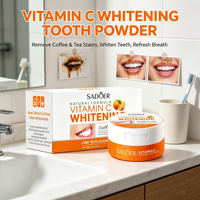 Poudre dentifrice blanchissante professionnelle Sadoer 60g à marque privée, enrichie en vitamine C, pour éliminer les taches de café et de thé