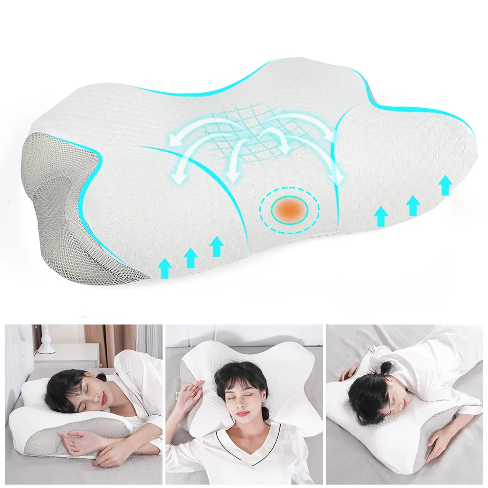 Almohada de cama ergonómica Saien OEM ODM, almohada de espuma viscoelástica ortopédica de mariposa, almohada Cervical para aliviar el dolor de cuello