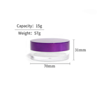 Boîte de poudre libre transparente violette en gros de l'usine Mingli, pot rond cosmétique de 15g avec tamis en maille élastique, option de logo personnalisé