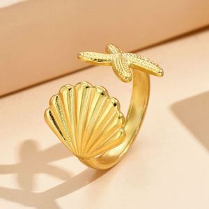 Joyería Minimalista, Anillos de Acero Inoxidable con Baño de Oro de 18k, Diseño de Concha y Estrella de Mar, Resistentes al Deslustre - Product Image 2