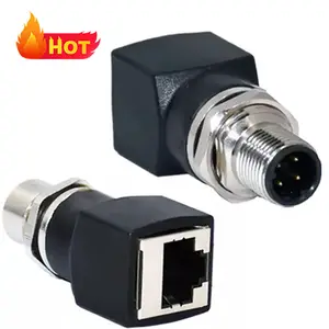 M12 adaptor persegi hitam tipe 4/5/8 pin d-kode 4 tiang laki-laki atau Perempuan lurus ke versi miring konektor RJ45