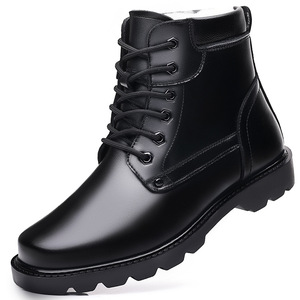 Men's Winter Fleece Lined Warm Boots Black <b>Wool</b> Lace Up Thickening 1 Cm Heel Mid Calf Waterproof Soft Leather Shoes - Product Image 4