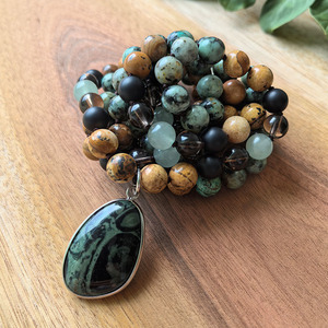 Collier Mala naturel à 108 perles nouées à la main, Quartz fumé, Jaspe picturé, Turquoise africaine, Pendentif Kibala, Cadeau de yoga bien-être - Product Image 4