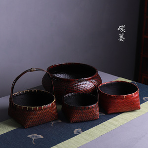 Bamboo Woven Charcoal <b>Basket</b> Set Handmade Round <b>Storage</b> For Tea Room Living Room - Product Image 1
