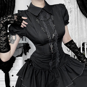 Robe Courte Boutonnée Style Preppy à Manches Courtes Coupe Trapèze, Tenues Décontractées Gothiques avec Nœud et Lacets, Mini-Robes Zippées pour Femmes, Vêtements de Soirée - Product Image 3