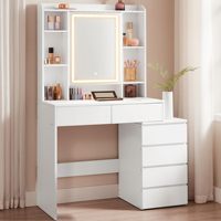 Coiffeuse de chambre moderne avec éclairage LED, écoresponsable, miroir de maquillage, tiroirs, compartiments ouverts et étagères réglables
