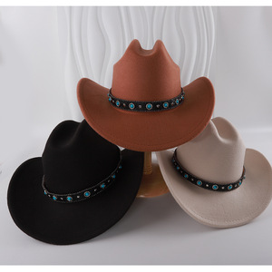 Cowboy <b>Hat</b> Red Felt Wide Brim Turquoise Beaded <b>Band</b> Sun Protection Windproof M56-58cm Fashion Accessory - Product Image 4