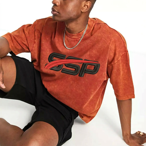 Men's Oversized Orange Orange Garment Dyed Cotton Embroidered Logo Vintage Washed T-Shirt <b>Short</b> <b>Sleeve</b> O-Neck Casual Jersey Fit - Product Image 1