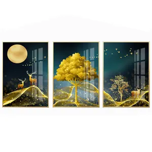 Abstract Painting High Quality Abstract 3 Panel Painting Golden Tree Deer Crystal Porcelain Painting Art Sets Living Room Decor Canvas Painting