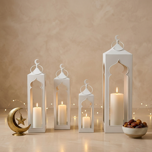 Lanternes à bougies en métal de forme mosquée, couleur blanche, dernières nouveautés des fabricants, pour la décoration des fêtes d'Iftar du Ramadan - Product Image 3