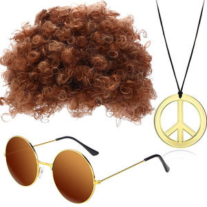 Conjunto de <span class=keywords><strong>disfraz</strong></span> <span class=keywords><strong>Hippie</strong></span> de moda para fiesta temática 50/60/70s, gafas de sol Afro Funky, lentes de sol con señal de paz, collar - Product Image 6