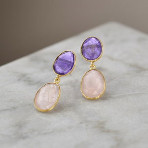 Nouveauté : Boucles d'oreilles ovales en quartz rose, améthyste, hydro-gemmes, argent sterling 925 plaqué or 14 carats, faites à la main - Product Image 2