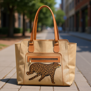 Bolso Tote de Yute Color Camel para Mujer, Marca Fana Itzira, Tamaño Mediano, Diseño de Leopardo, Asa Larga, Cierre de Cremallera, para Uso Publicitario - Product Image 2