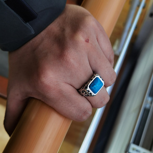 Bague en argent Sterling 925 pour hommes, anneau en pierre de cristal naturel bleu, Vintage, fleur gravée en creux, fin, offre spéciale