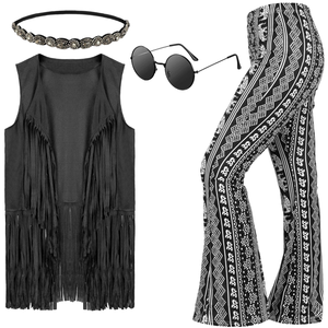 Nouvel ensemble hippie années <span class=keywords><strong>60</strong></span>-70 : Gilet, Bandeau, Lunettes de soleil, Collier, Boucles d'oreilles, Cardigan à franges – Idéal pour Halloween, Soirées dansantes, Disco, Cosplay - Product Image 1