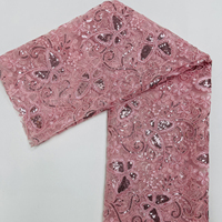 Tissu en maille rose papillon très tendance, orné de paillettes et de broderies perlées, 100 % polyester, pour tenues de cérémonie femmes et filles