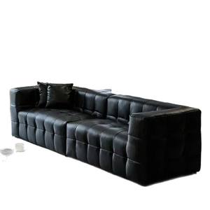Minimalist Black Leather <b>Sofa</b> Straight Shape Tufted Design For Living Room - Product Image 5