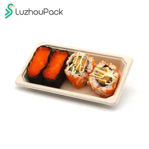 LuzhouPack customized Take Out Sushi Food Packaging Box Square Boat Shape Disposable Bagass Container Sushi Tray with Lid