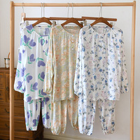 Nouvel ensemble pyjama d'été pour femme, imprimé, doux et mignon, coupe ample, manches longues et pantalon long, deux pièces, effet rajeunissant