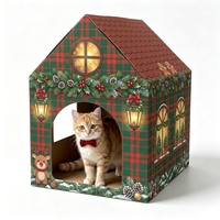 Maison pour chat en carton ondulé avec revêtement UV, personnalisable, en forme de maison de dessin animé, pliable, boîte de retraite pour animaux de compagnie, résistante aux rayures, recyclable
