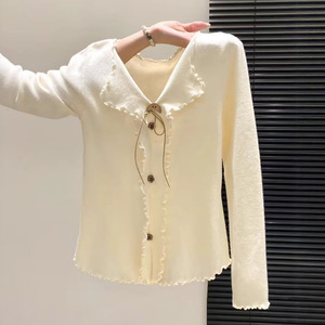 Cárdigan de Punto con Cuello en V y Volantes para Mujer, Estilo Elegante y Dulce, Corte Ajustado, Moda Coreana para Principios de Otoño - Product Image 1