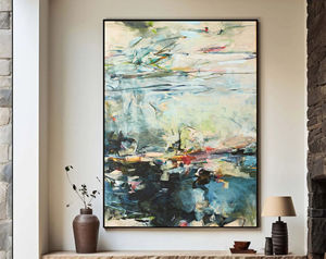 <span class=keywords><strong>Peinture</strong></span> <span class=keywords><strong>abstraite</strong></span> texturée sur toile, art mural abstrait atmosphérique, paysage abstrait en bleu et vert pour la maison et la <span class=keywords><strong>galerie</strong></span> - Product Image 3