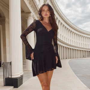 Vestido Elegante de Corte Entallado con Cuello en V, Manga Larga, Estampado Digital, Cintura Natural, Lavable, con Delicado Detalle de Encaje - Product Image 3