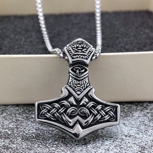 yunnique Vintage Stainless Steel Men's Thor Hammer Pendant <b>Necklace</b> With <b>Celtic</b> Knot Design For Gift And Clothing Matching - Product Image 3