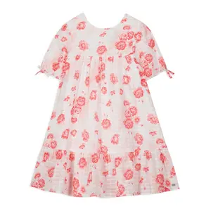 2024 New arrival white chiffon children girls dresses with print flower cheap and cute boutique baby girl dress kids clothing