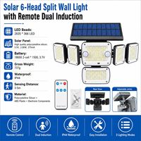 Lampe murale solaire à 6 têtes, 366 LED, double capteur de mouvement PIR, avec télécommande, IP44